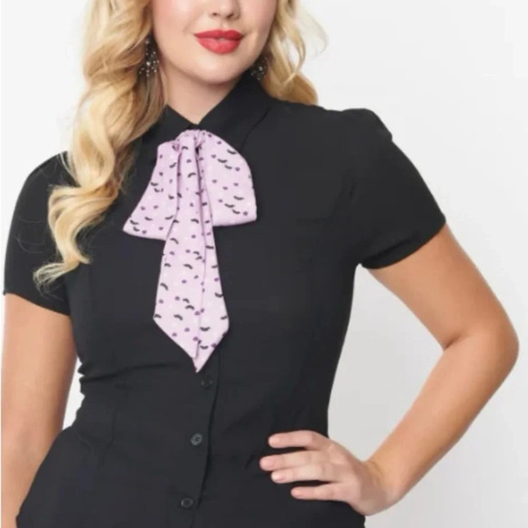 Kou Kou x Unique Vintage Black & Purple Kou Kou Bat Print Bow Blouse L #0085 - Picture 8 of 10